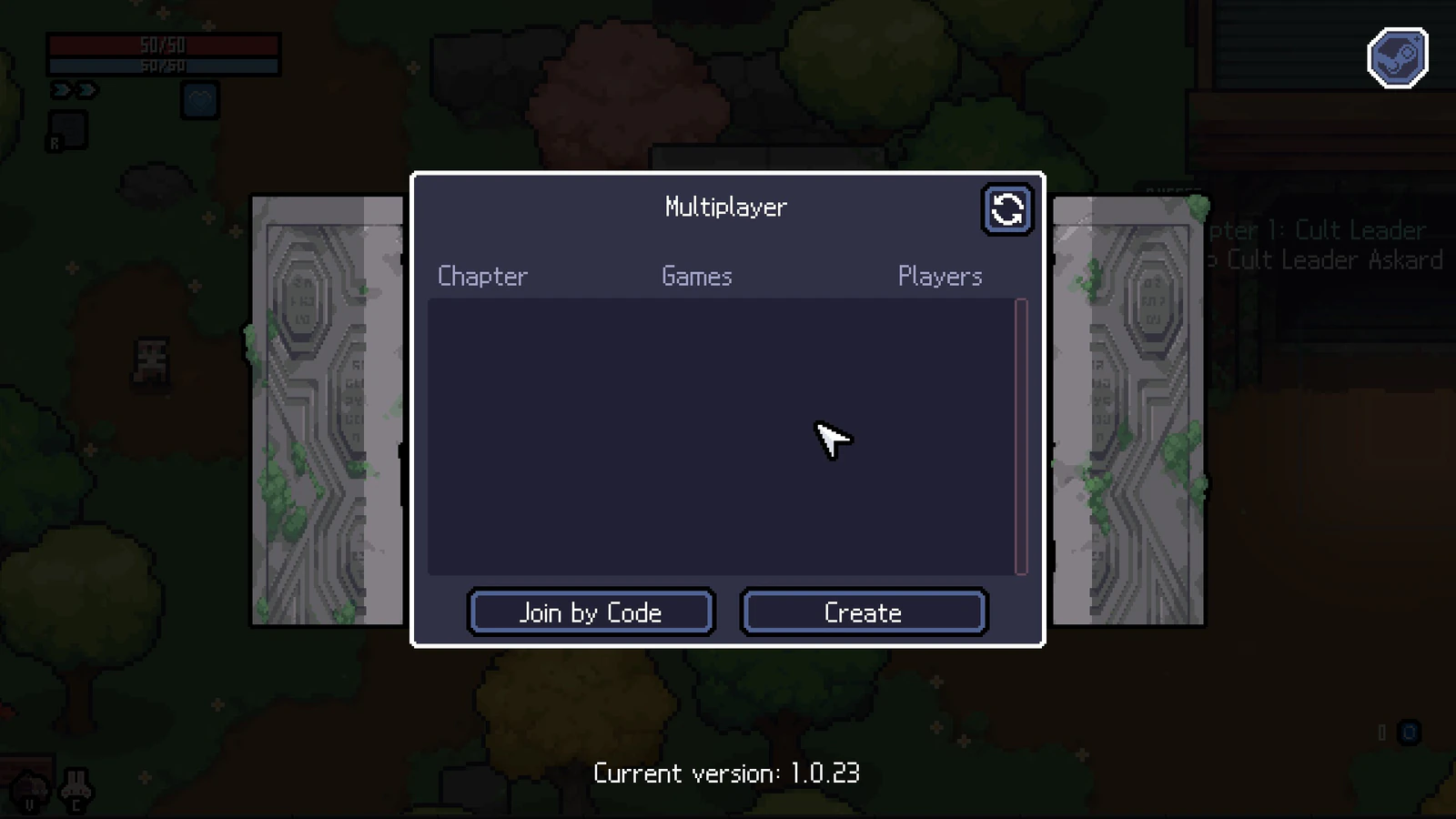 Sephiria multiplayer menu showing Join by Code and Create buttons on version 1.0.23