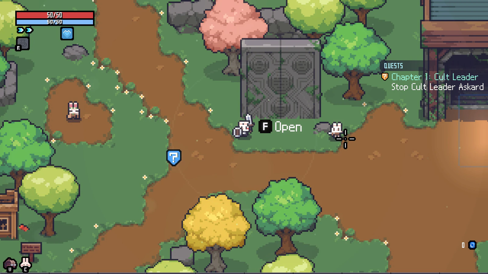 Sephiria player standing beside the Mysterious Door in Bunnyville with an Open prompt